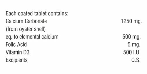 Calcium Carbonate Folic & Vitamin D3 Tablet supplement facts
