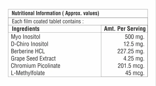 Myo Inositol D Chiro Inositol For , Berberine HCL, , Picolinate & L-Methaylfolate Tablet supplement facts